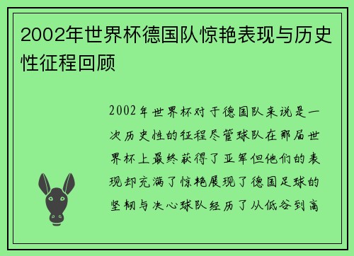2002年世界杯德国队惊艳表现与历史性征程回顾