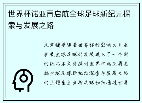 世界杯诺亚再启航全球足球新纪元探索与发展之路