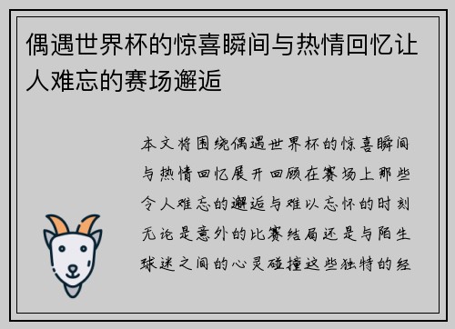 偶遇世界杯的惊喜瞬间与热情回忆让人难忘的赛场邂逅